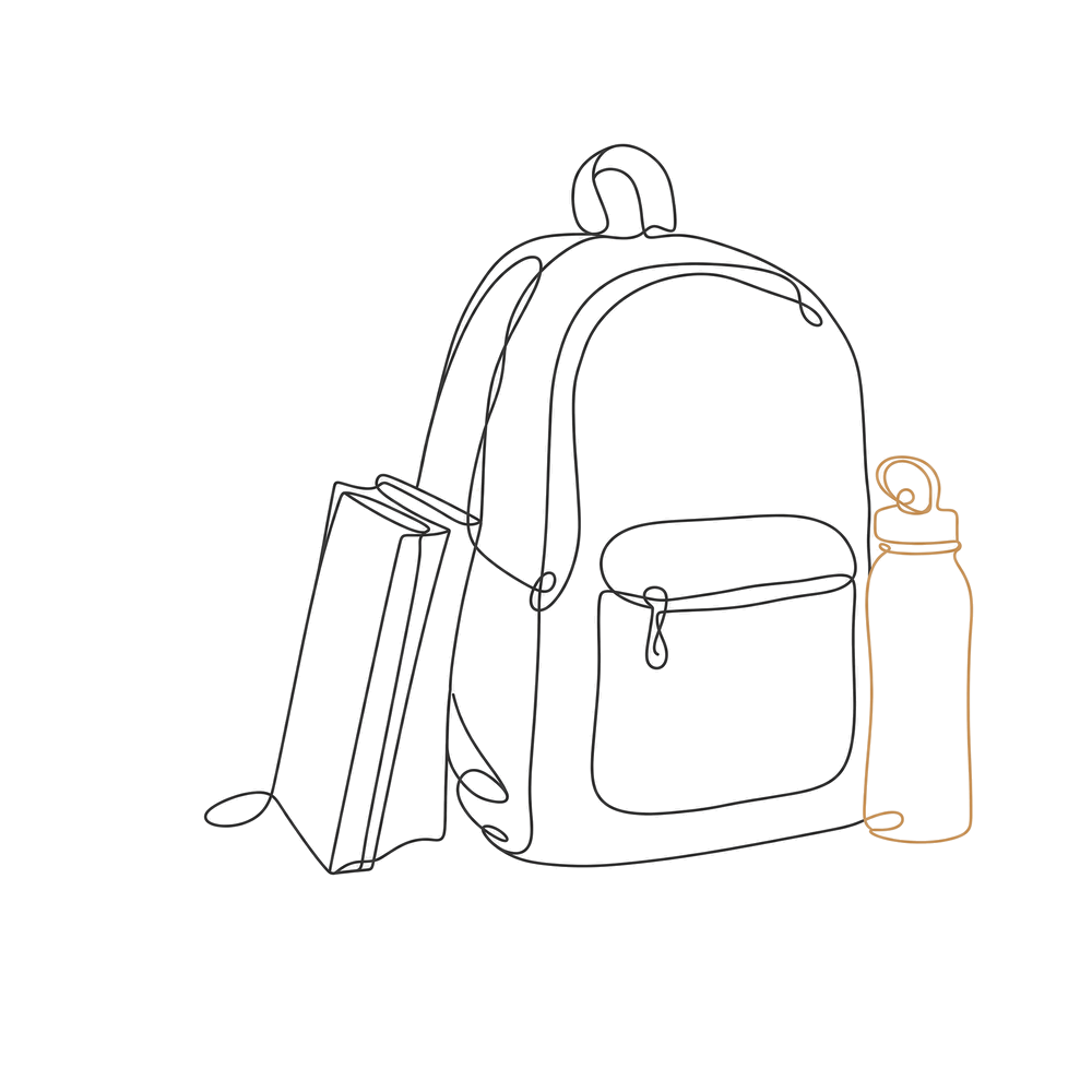 A line drawing of a school bag with books and a water bottle