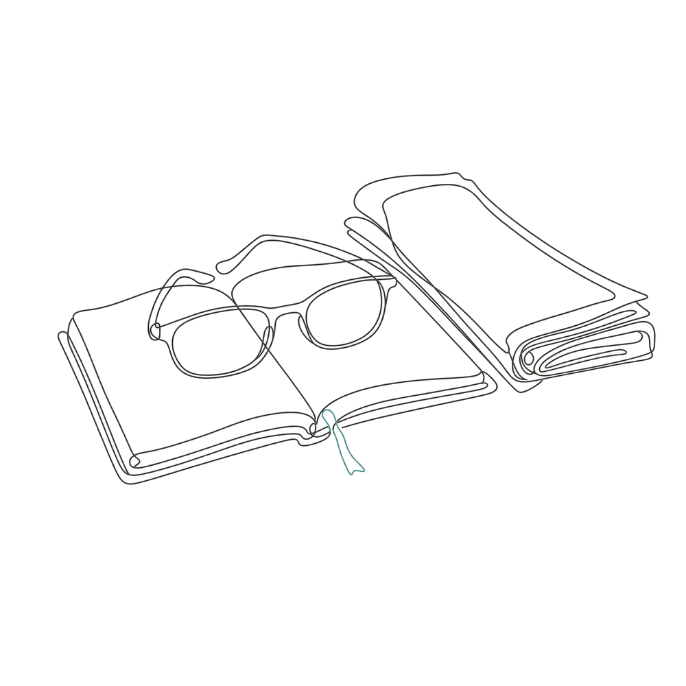 A line drawing of reading glasses resting on an open notebook