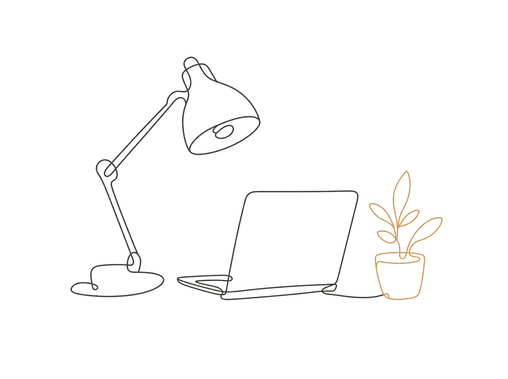 A line drawing of a desk lamp leaning over an open laptop
