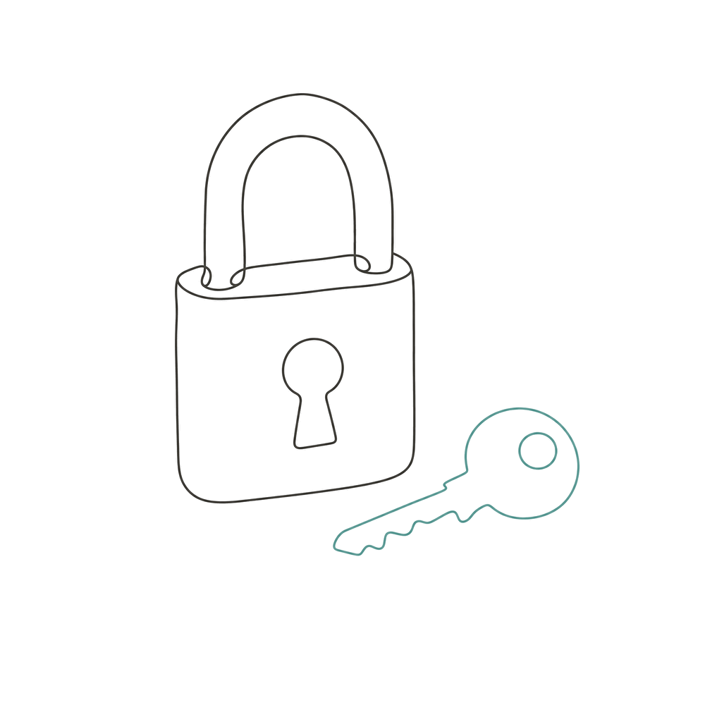 A line drawing of a closed padlock with a key beside it