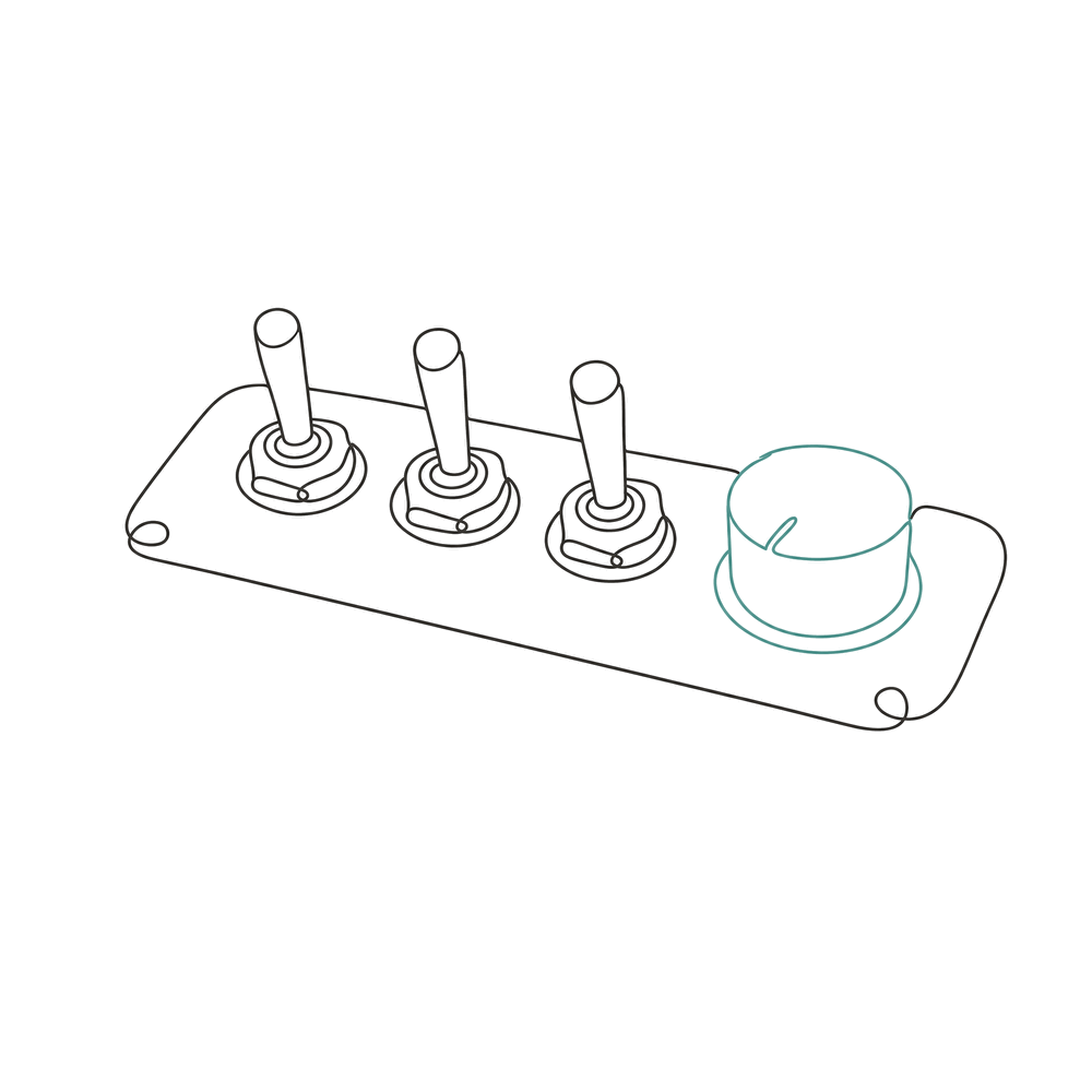 A line drawing of a small panel of toggle switches and a dial